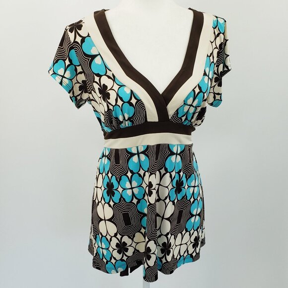 Vintage Y2K Speechless Babydoll Top Size L Brown Turquoise Retro Print Tie Waist - Picture 7 of 7